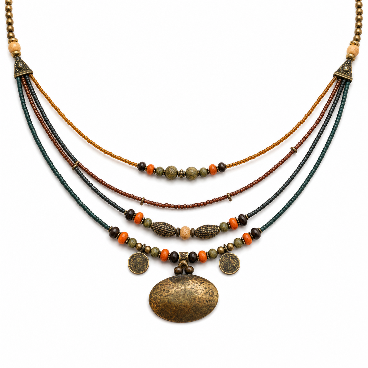 Bohemian Multi-Strand Necklace – Earth Tones & Antique Gold