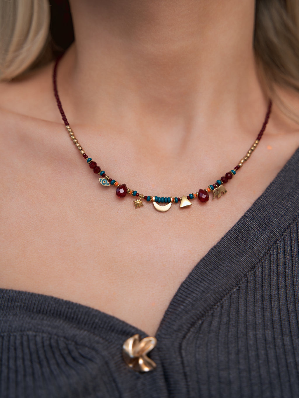 Bohemian Symbol Charm Necklace – Burgundy & Turquoise
