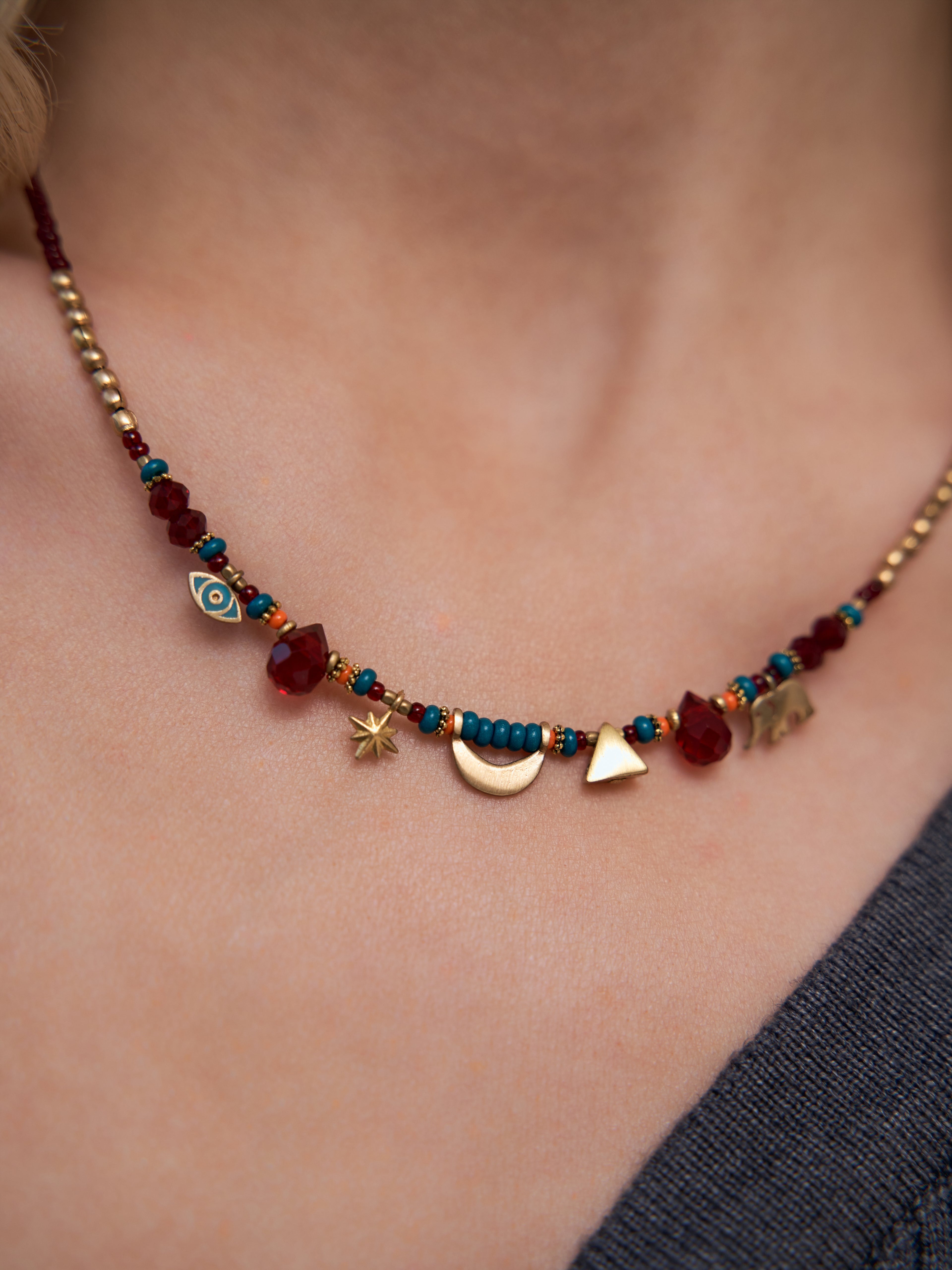 Bohemian Symbol Charm Necklace – Burgundy & Turquoise