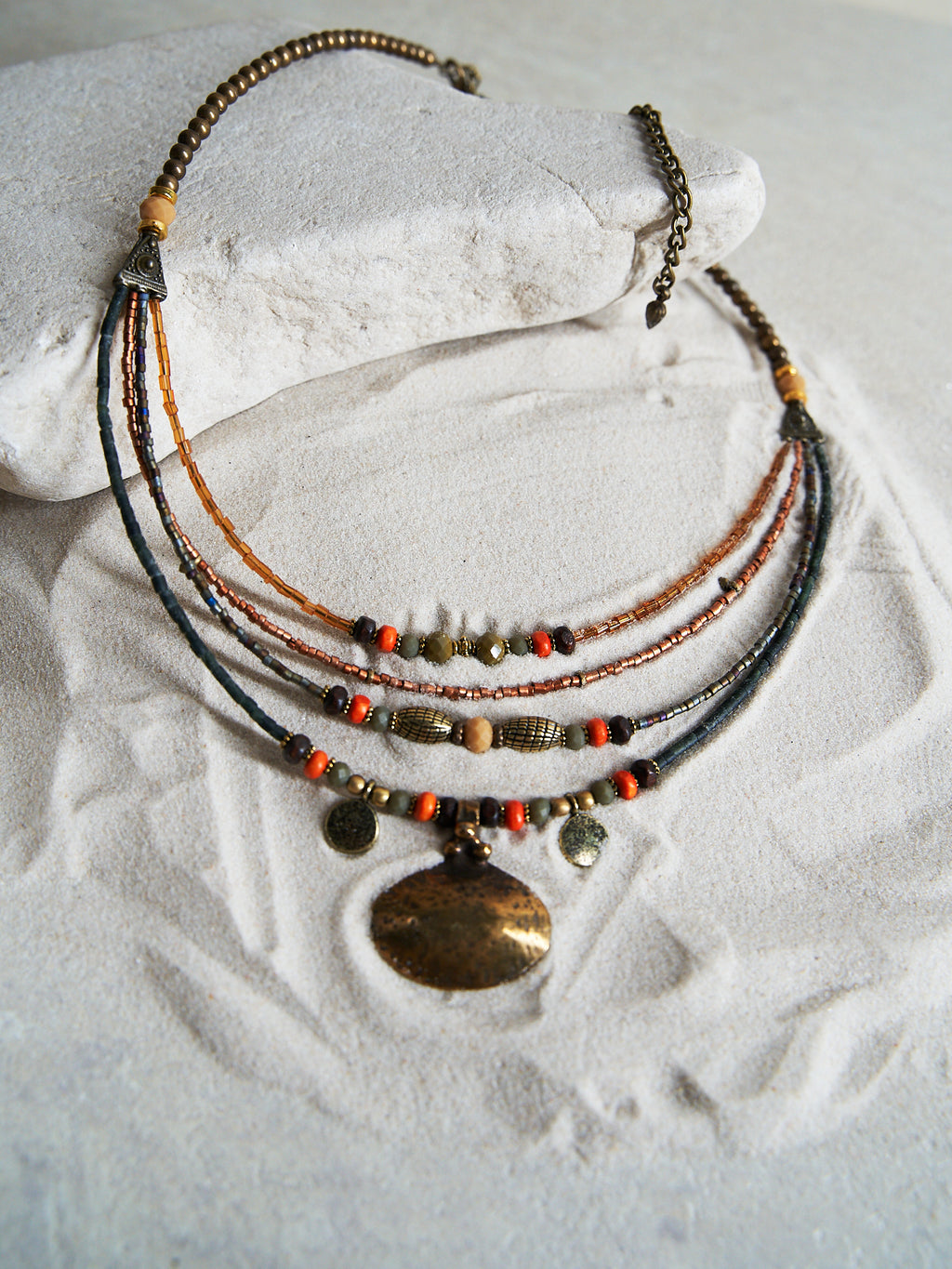 Bohemian Multi-Strand Necklace – Earth Tones & Antique Gold