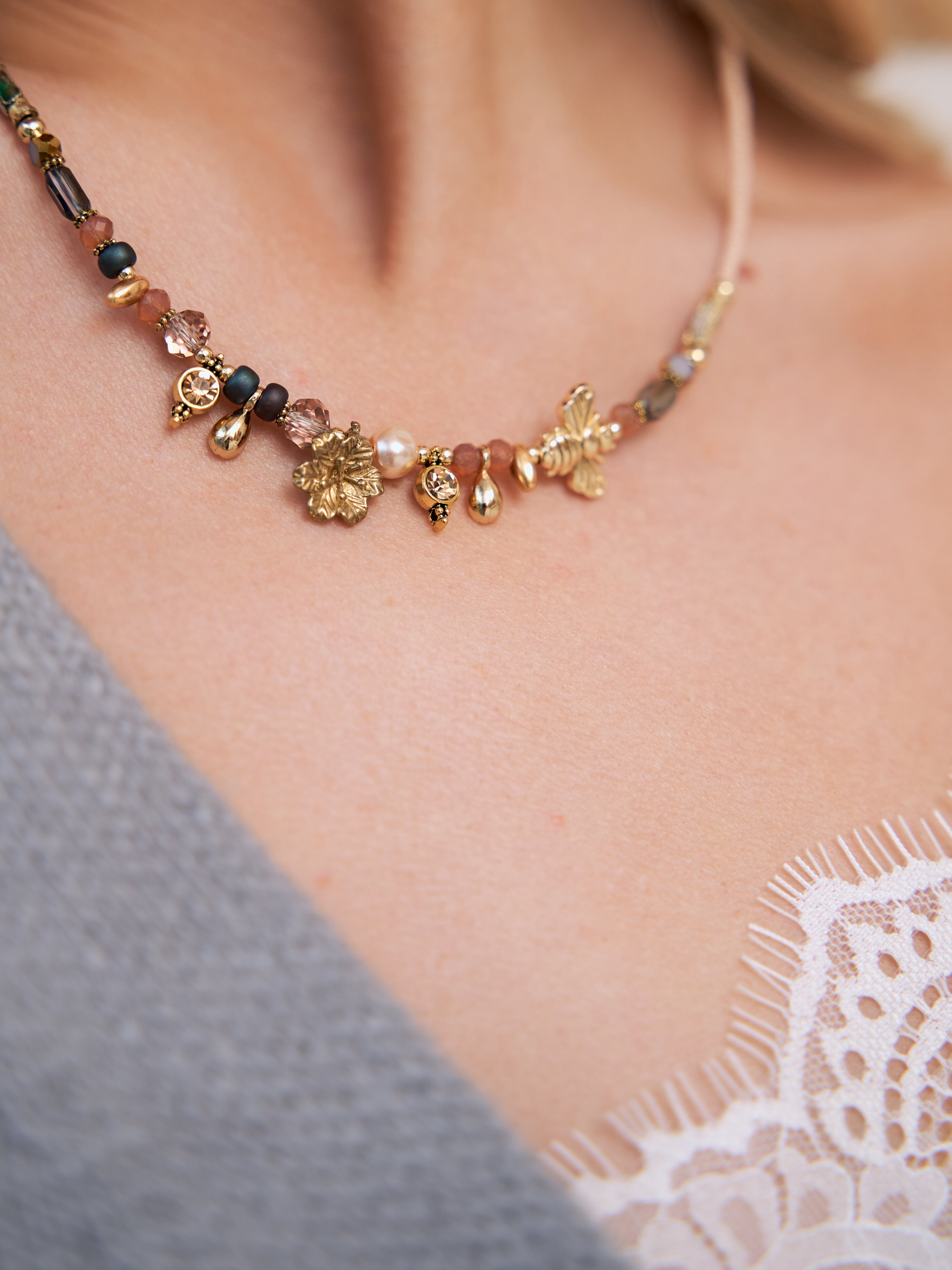 Spring Bloom Bee & Flower Charm Necklace