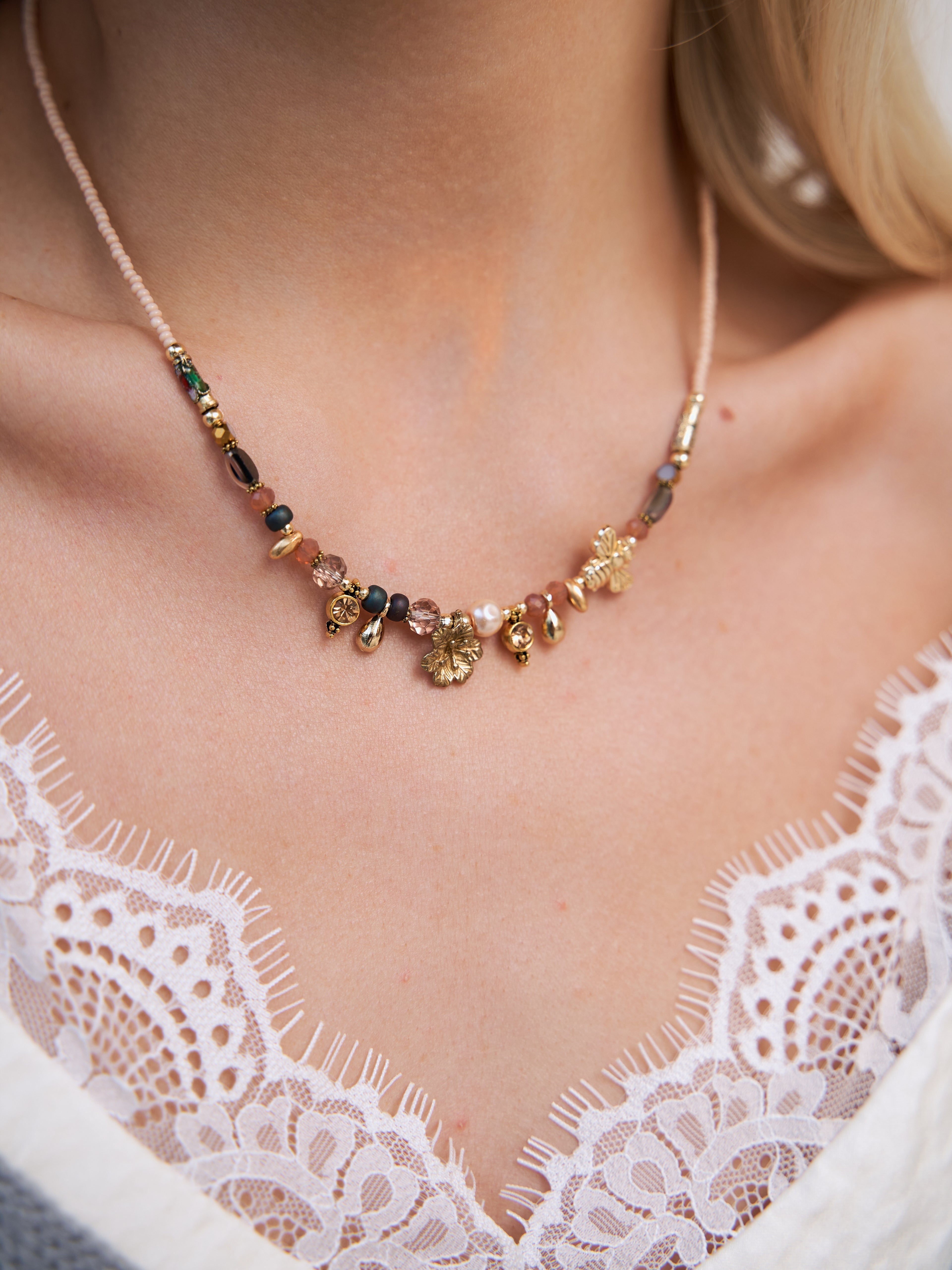 Spring Bloom Bee & Flower Charm Necklace