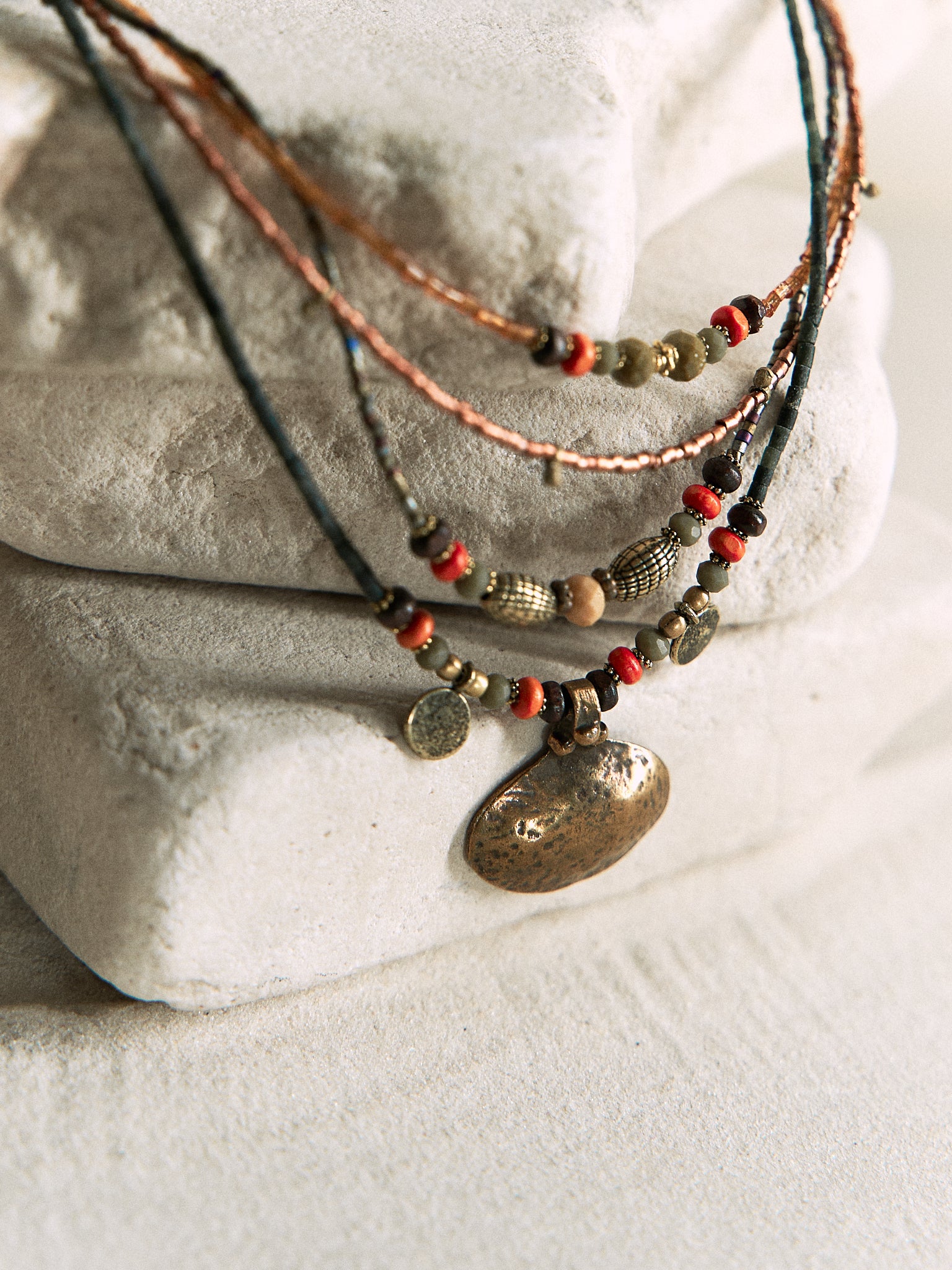 Bohemian Multi-Strand Necklace – Earth Tones & Antique Gold