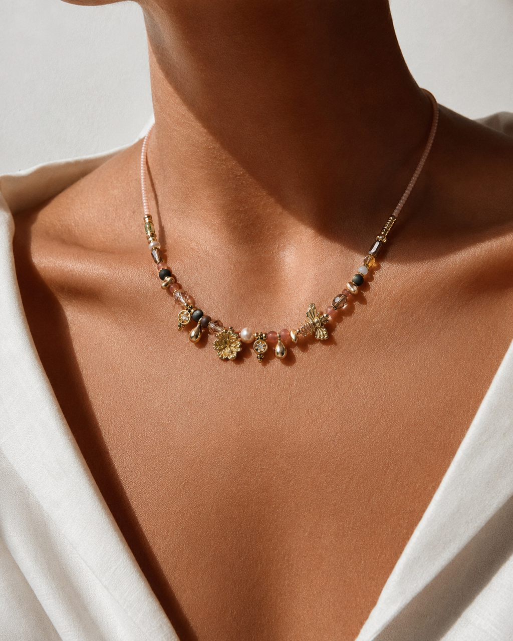 Spring Bloom Bee & Flower Charm Necklace