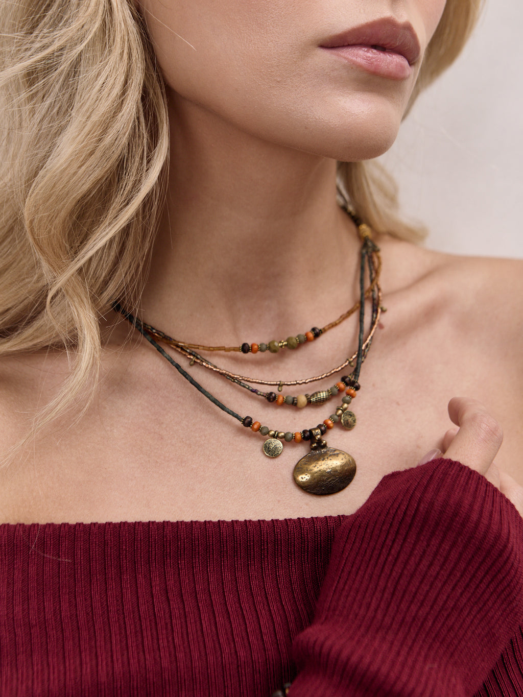 Bohemian Multi-Strand Necklace – Earth Tones & Antique Gold