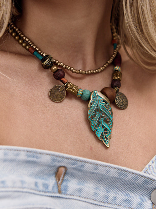 Bohemian Turquoise Leaf Layered Necklace
